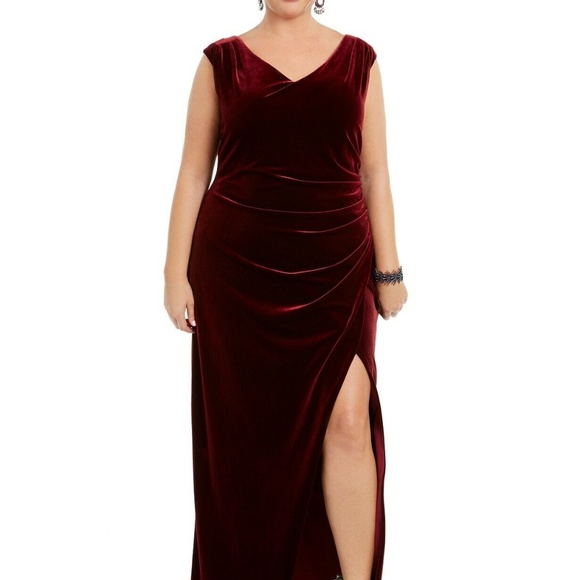 NWT‎ $219 Betsy & Adam Ruched Velvet High Slit Gown in Burgundy [SZ 16W ] - Picture 16 of 16